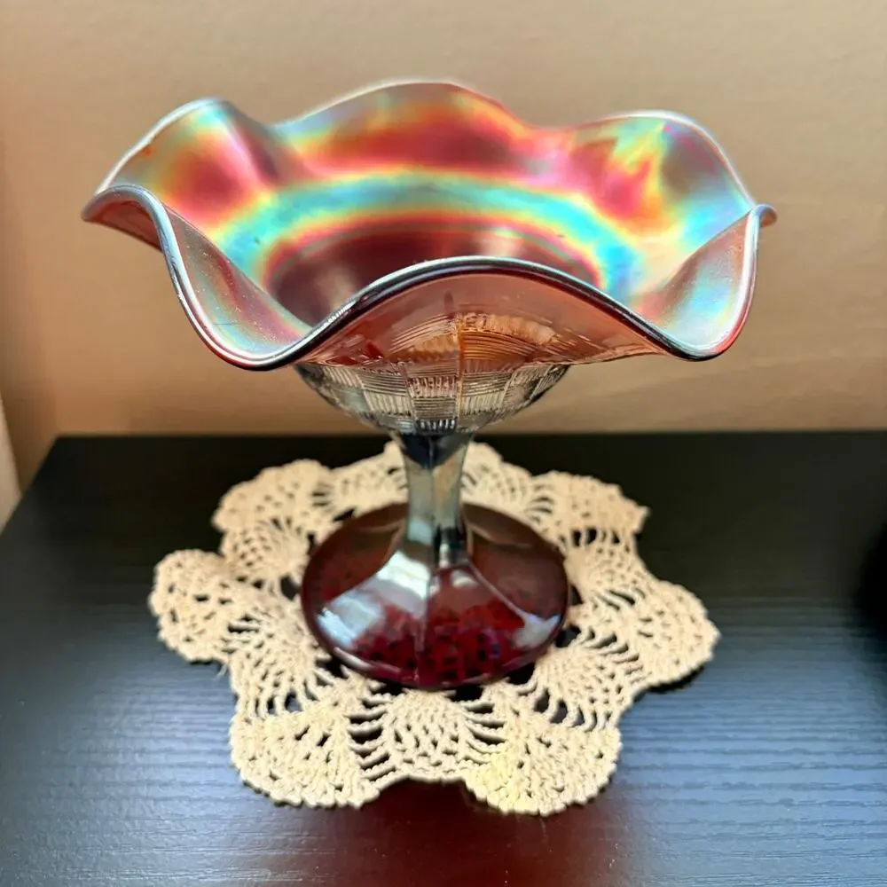 Antique Northwood Amethyst Rainbow Carnival Glass Pedestal Dish, Basket Weave